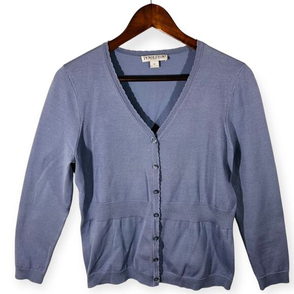 Pendleton Silk Cotton Sweater Cardigan Purple Blue V Neck Fine Knit Petite M - Picture 3 of 11